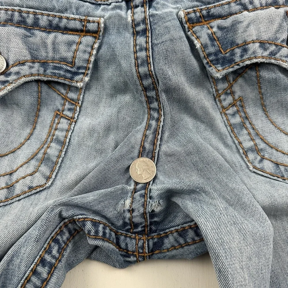True Religion Slim Fit Jeans Men 29x34 Blue‎ Distressed Flap Pockets Light Wash